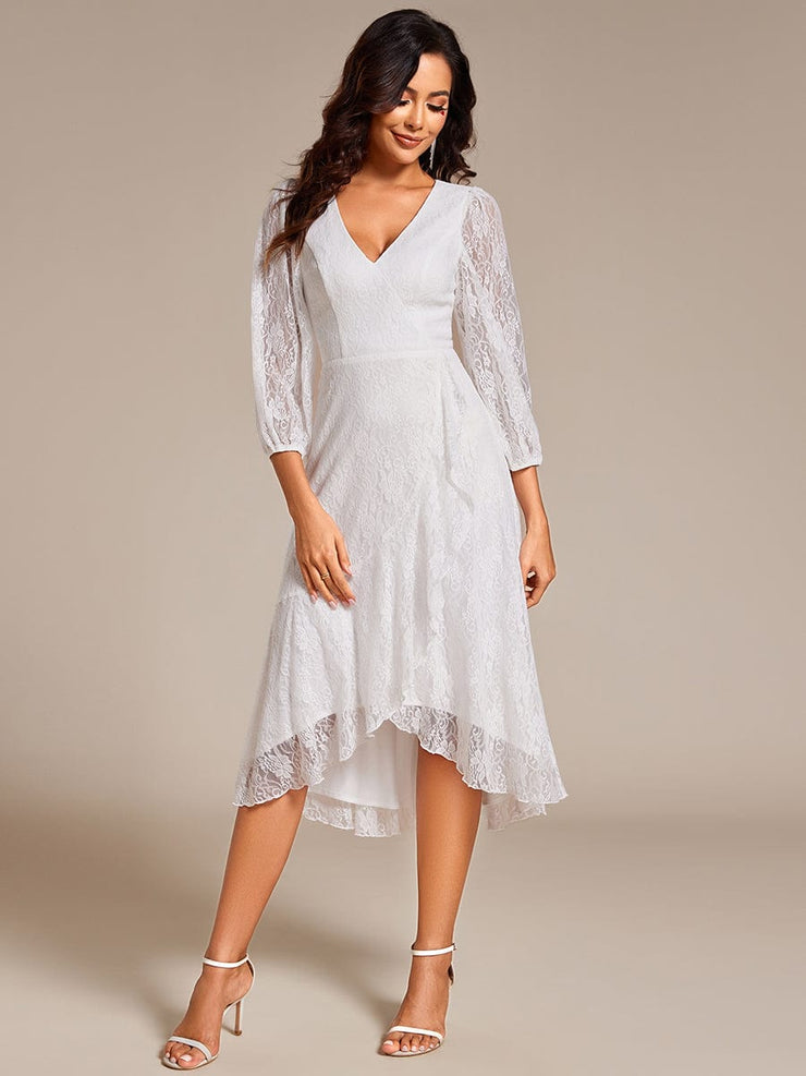 Romantic Long Sleeve High-Low Lace Wedding Guest Dress with Ruffle Details