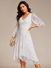 Romantic Long Sleeve High-Low Lace Wedding Guest Dress with Ruffle Details