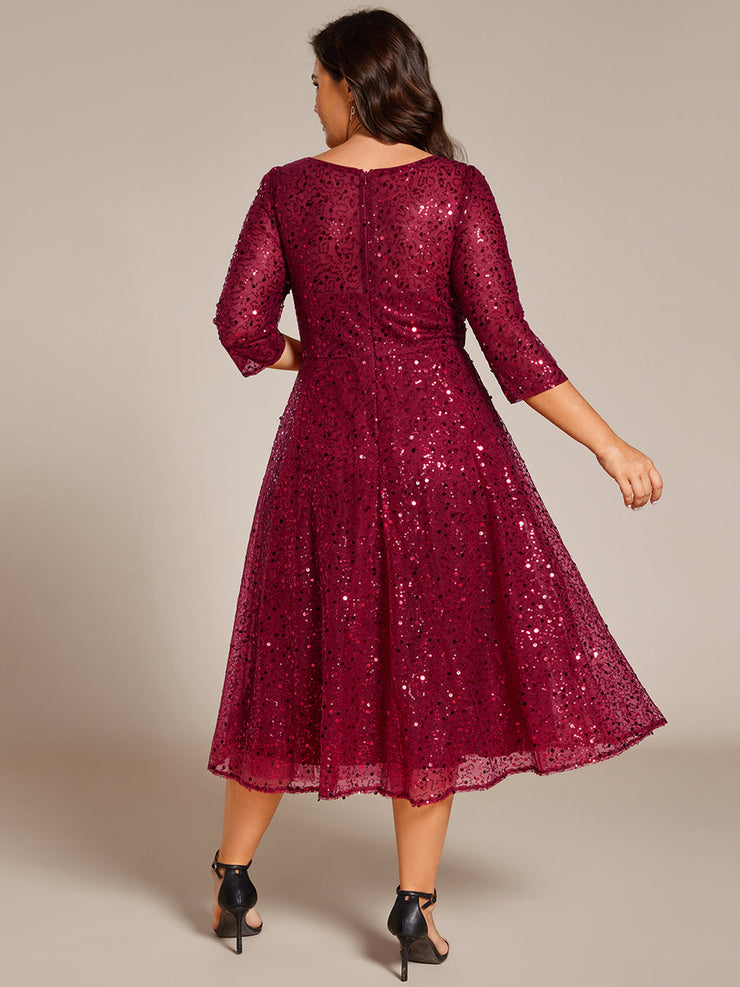 Dazzling Sequin A-Line Midi Wedding Guest Dress with Long Sleeves