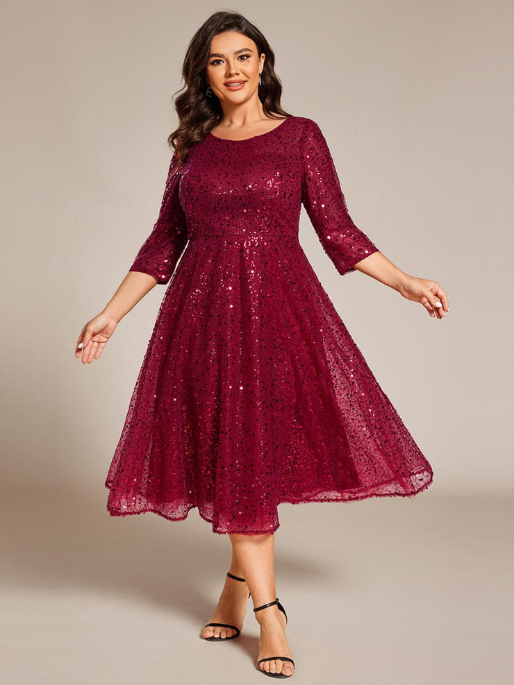 Dazzling Sequin A-Line Midi Wedding Guest Dress with Long Sleeves