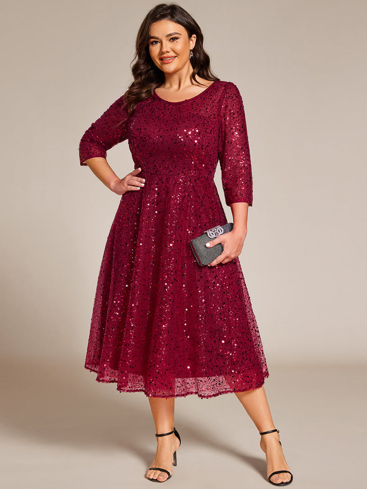 Dazzling Sequin A-Line Midi Wedding Guest Dress with Long Sleeves