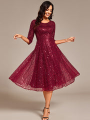 Dazzling Sequin A-Line Midi Wedding Guest Dress with Long Sleeves