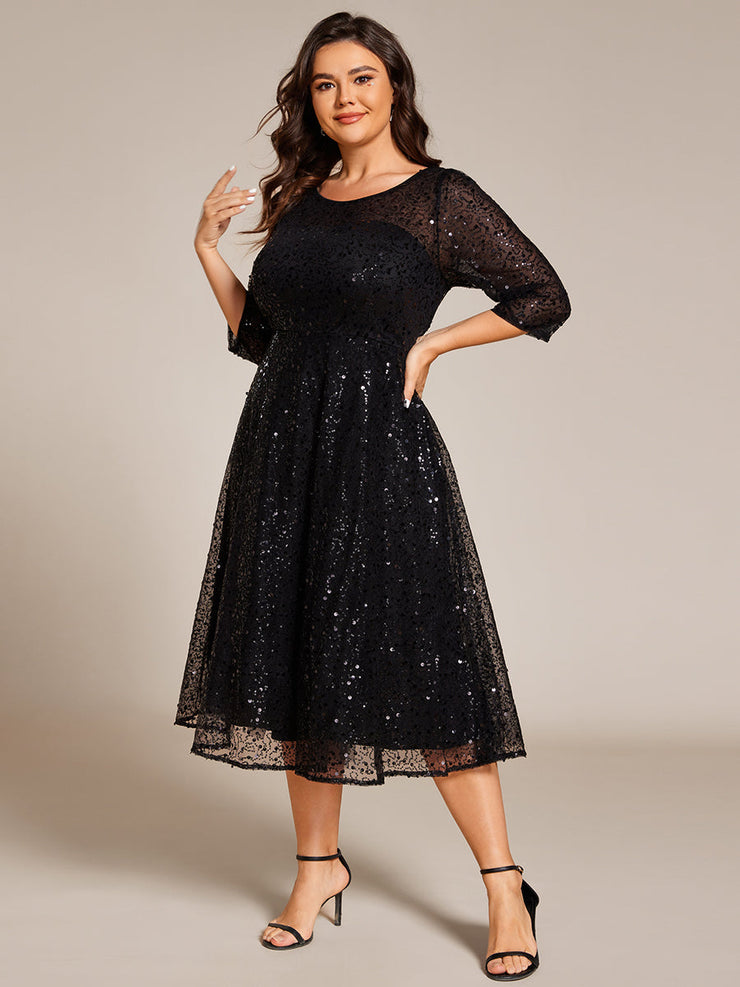 Dazzling Sequin A-Line Midi Wedding Guest Dress with Long Sleeves