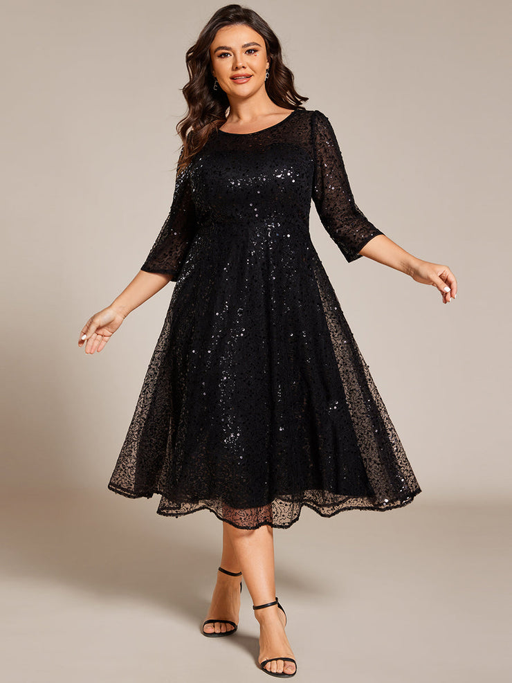 Dazzling Sequin A-Line Midi Wedding Guest Dress with Long Sleeves