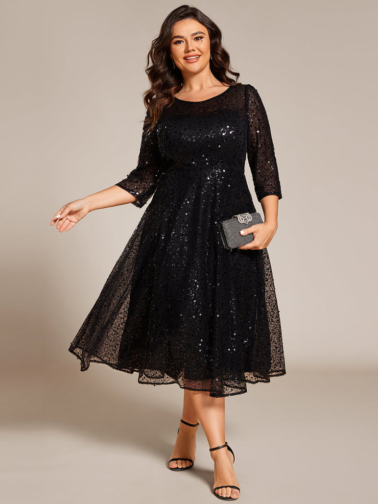 Dazzling Sequin A-Line Midi Wedding Guest Dress with Long Sleeves