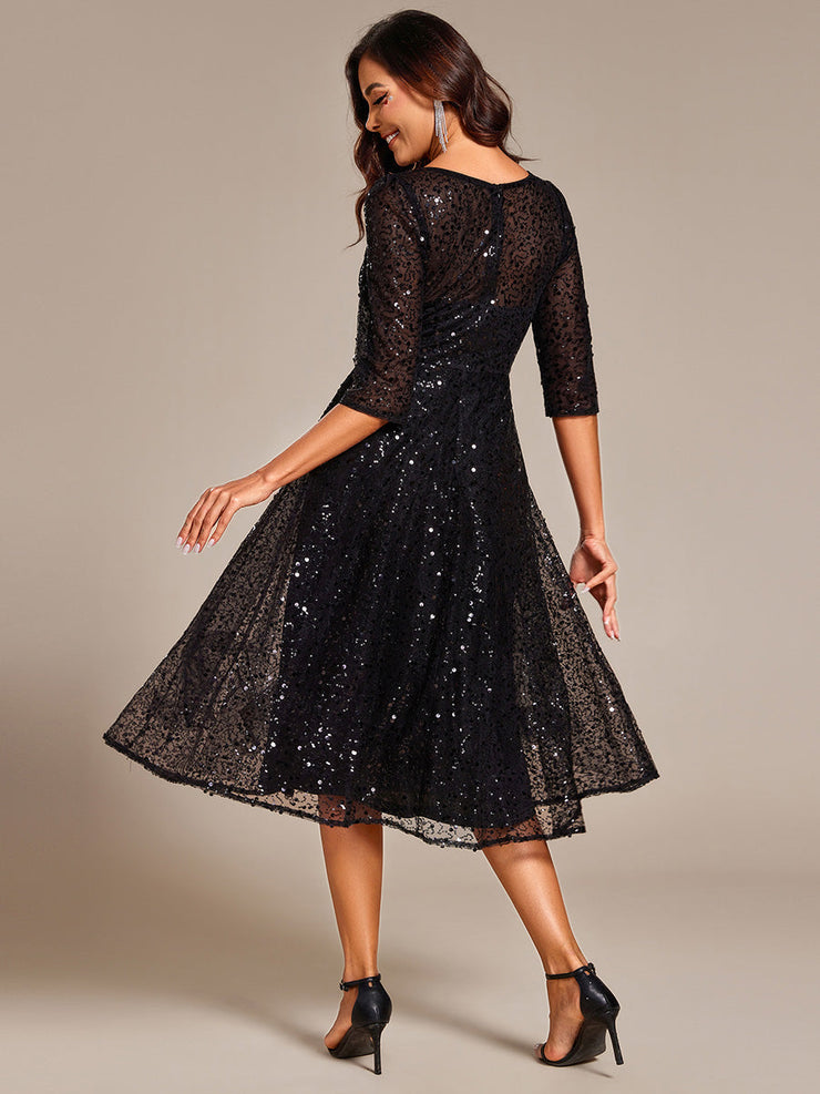 Dazzling Sequin A-Line Midi Wedding Guest Dress with Long Sleeves