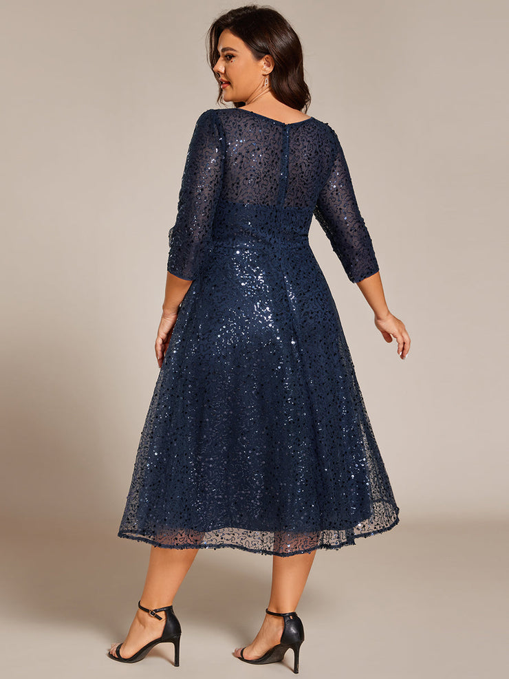 Dazzling Sequin A-Line Midi Wedding Guest Dress with Long Sleeves