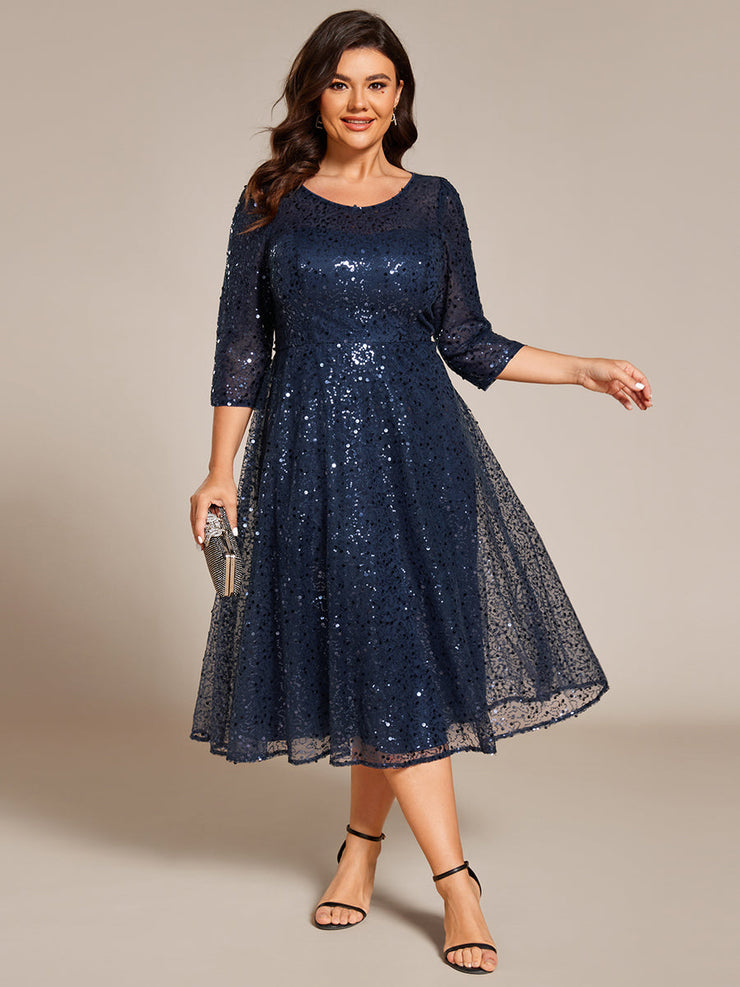 Dazzling Sequin A-Line Midi Wedding Guest Dress with Long Sleeves