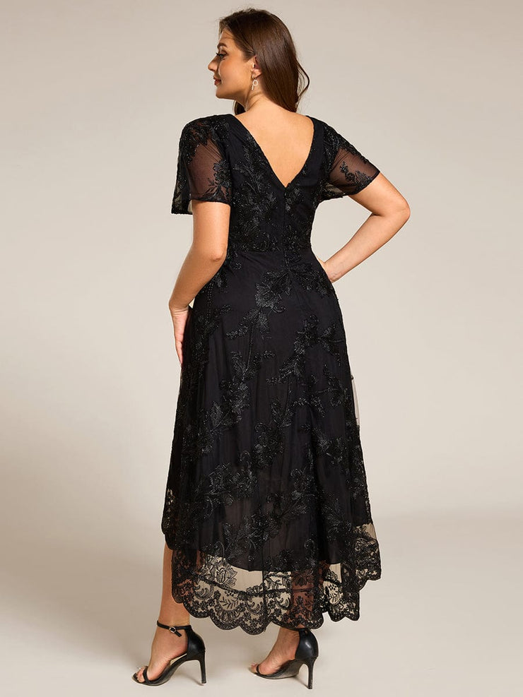 Embroidered Mesh High-Low Midi Wedding Guest Dress with Short Sleeves