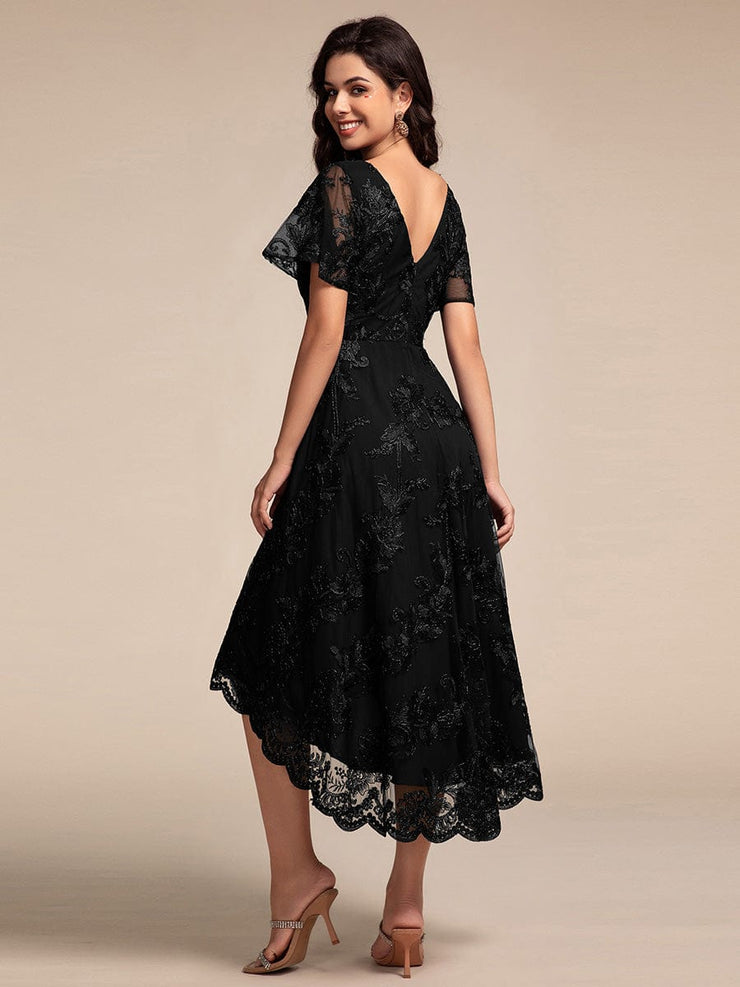 Embroidered Mesh High-Low Midi Wedding Guest Dress with Short Sleeves