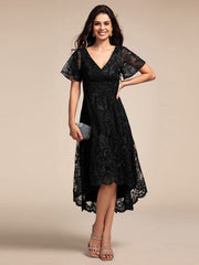 Embroidered Mesh High-Low Midi Wedding Guest Dress with Short Sleeves