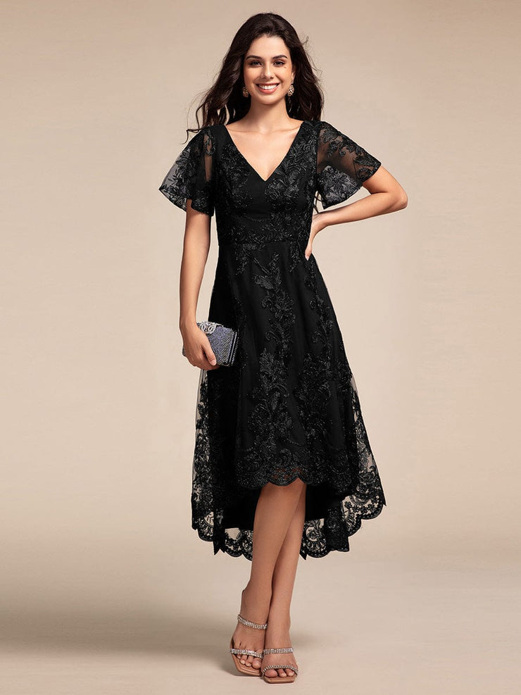 Embroidered Mesh High-Low Midi Wedding Guest Dress with Short Sleeves