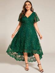 Embroidered Mesh High-Low Midi Wedding Guest Dress with Short Sleeves