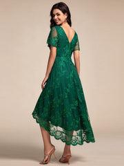 Embroidered Mesh High-Low Midi Wedding Guest Dress with Short Sleeves