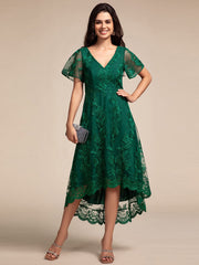 Embroidered Mesh High-Low Midi Wedding Guest Dress with Short Sleeves