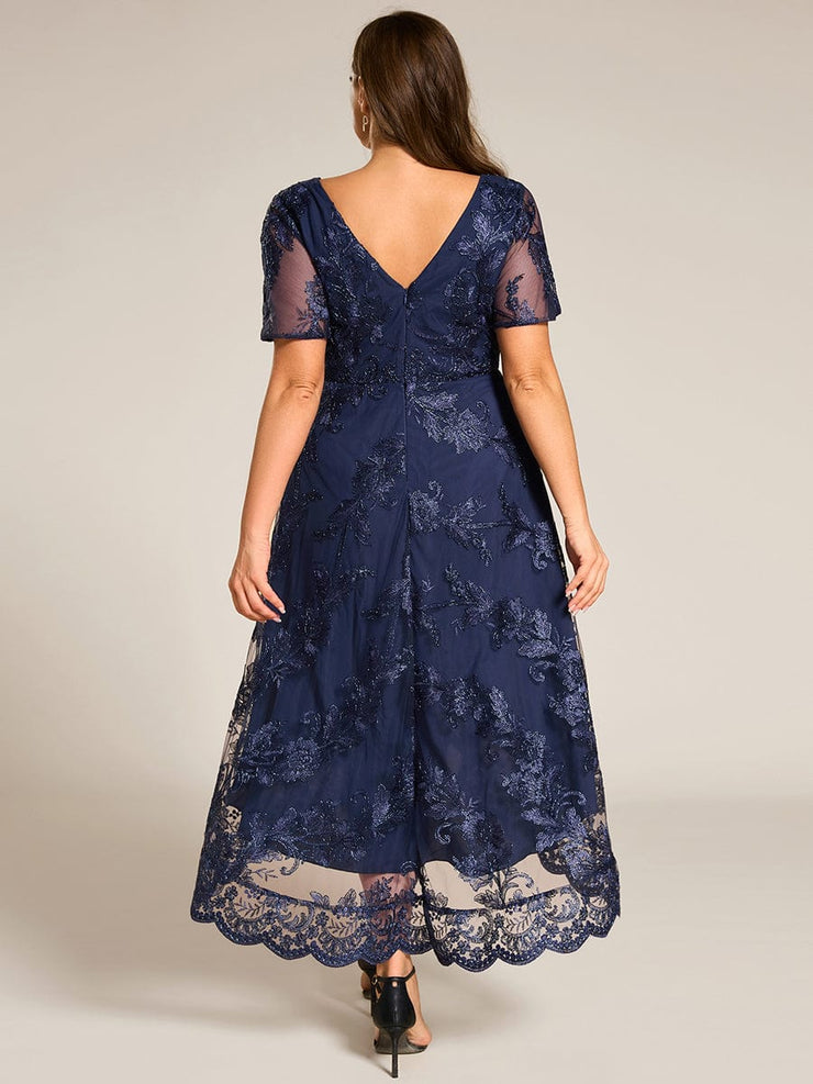 Embroidered Mesh High-Low Midi Wedding Guest Dress with Short Sleeves