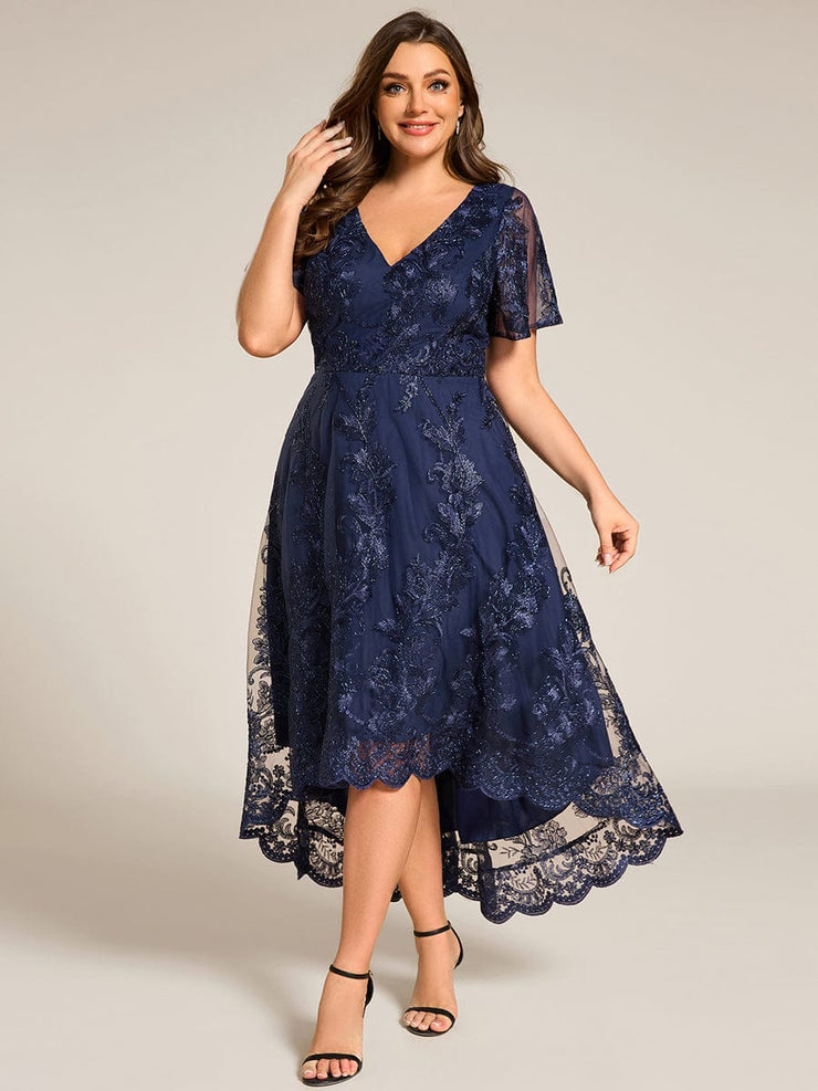 Embroidered Mesh High-Low Midi Wedding Guest Dress with Short Sleeves