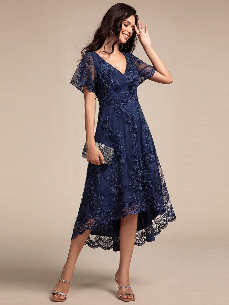 Embroidered Mesh High-Low Midi Wedding Guest Dress with Short Sleeves