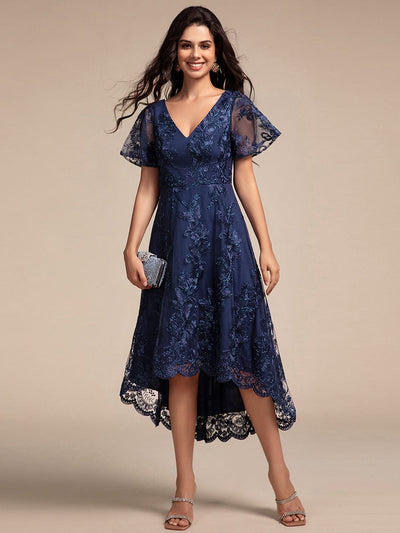 Embroidered Mesh High-Low Midi Wedding Guest Dress with Short Sleeves