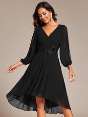 High-Low Chiffon Midi Wedding Guest Dress with Waist Applique and Long Sleeves