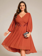 High-Low Chiffon Midi Wedding Guest Dress with Waist Applique and Long Sleeves