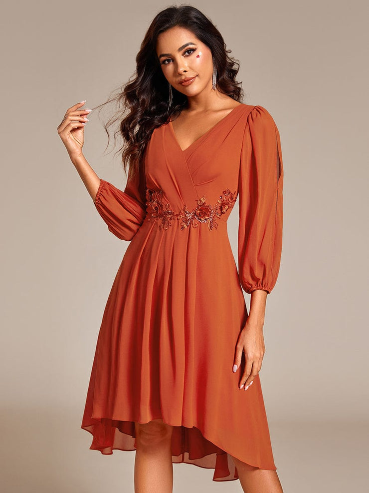 High-Low Chiffon Midi Wedding Guest Dress with Waist Applique and Long Sleeves