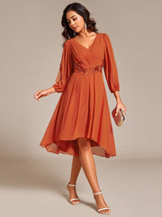 High-Low Chiffon Midi Wedding Guest Dress with Waist Applique and Long Sleeves