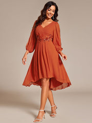 High-Low Chiffon Midi Wedding Guest Dress with Waist Applique and Long Sleeves