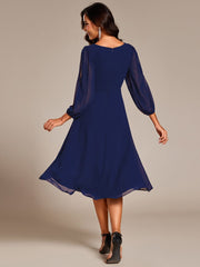 High-Low Chiffon Midi Wedding Guest Dress with Waist Applique and Long Sleeves