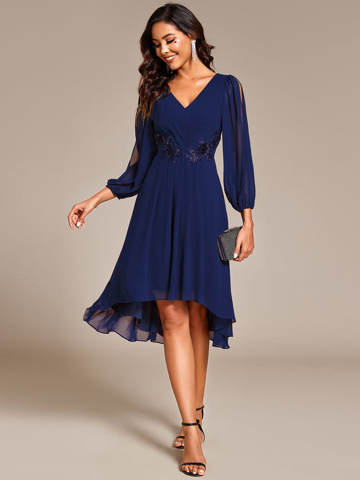 High-Low Chiffon Midi Wedding Guest Dress with Waist Applique and Long Sleeves