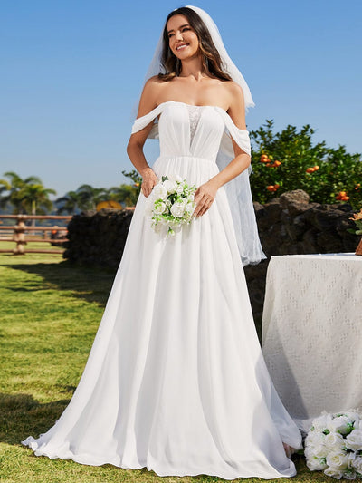 Corset-Back A-Line Chiffon Wedding Dresses featuring Off Shoulder Design