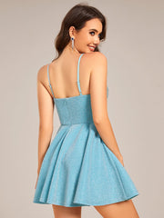 Sparkling A-Line Twist Front Short Skater Dress with Spaghetti Straps