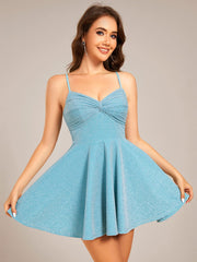 Sparkling A-Line Twist Front Short Skater Dress with Spaghetti Straps