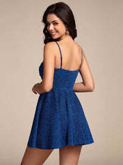 Sparkling A-Line Twist Front Short Skater Dress with Spaghetti Straps