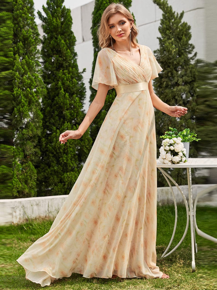 Floral Chiffon High Waist Short Sleeves Bridesmaid Dress