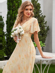 Floral Chiffon High Waist Short Sleeves Bridesmaid Dress