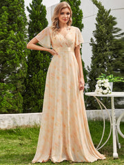 Floral Chiffon High Waist Short Sleeves Bridesmaid Dress