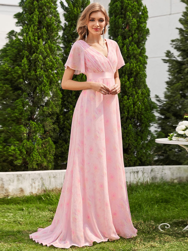 Floral Chiffon High Waist Short Sleeves Bridesmaid Dress