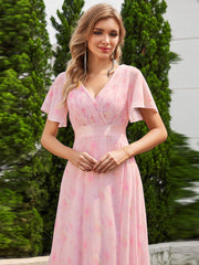 Floral Chiffon High Waist Short Sleeves Bridesmaid Dress