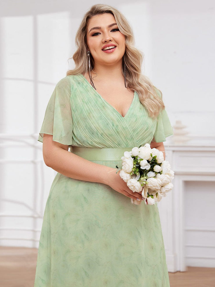 Floral Chiffon High Waist Short Sleeves Bridesmaid Dress