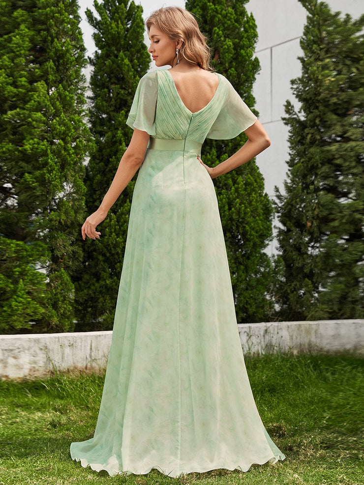 Floral Chiffon High Waist Short Sleeves Bridesmaid Dress