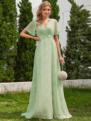 Floral Chiffon High Waist Short Sleeves Bridesmaid Dress