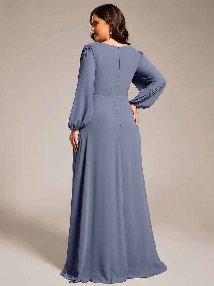 Plus Size Enchanting Chiffon Lantern Sleeve Pleated High Waist Bridesmaid Dress