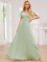 Cross-Tie Back Chiffon A-Line Pleated Bridesmaid Dress with V-Neck