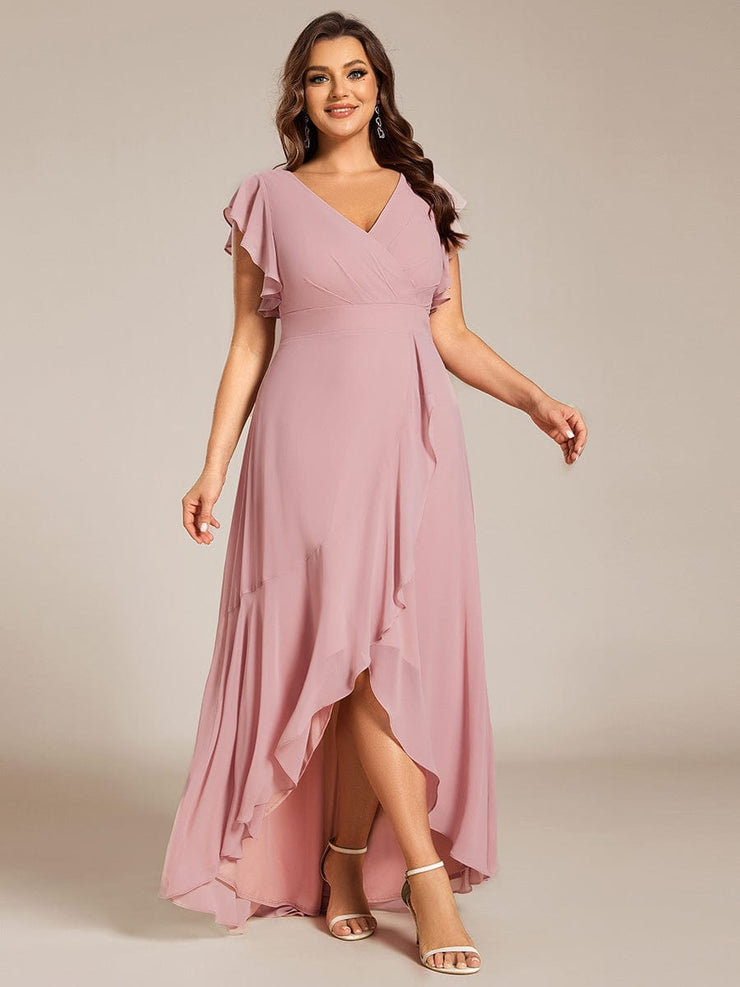 Plus Size Ruffled Chiffon High-Low Bridesmaid Dress with Backless Design