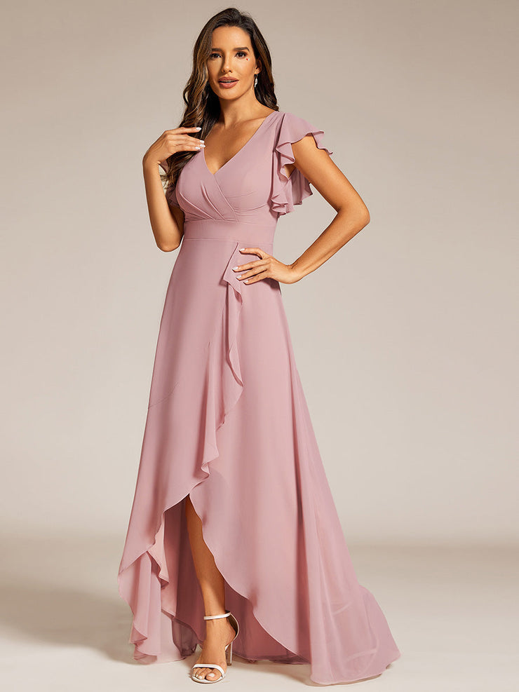 Elegant Ruffled Chiffon High-Low Bridesmaid Dress with Backless Design