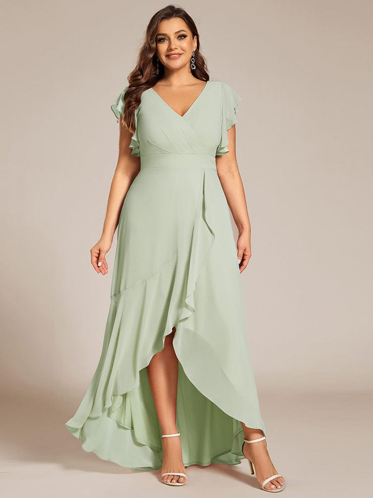 Elegant Ruffled Chiffon High-Low Bridesmaid Dress with Backless Design