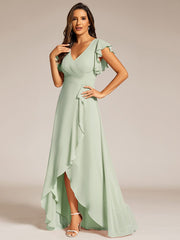 Elegant Ruffled Chiffon High-Low Bridesmaid Dress with Backless Design