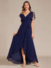 Elegant Ruffled Chiffon High-Low Bridesmaid Dress with Backless Design