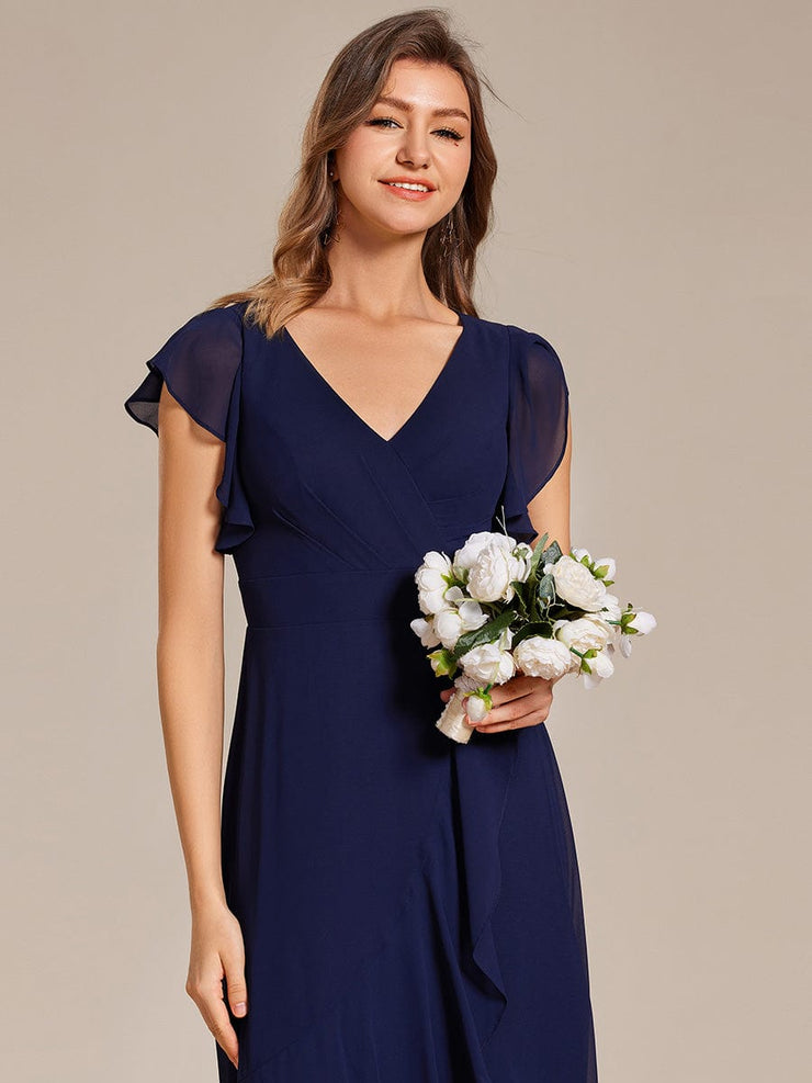 Elegant Ruffled Chiffon High-Low Bridesmaid Dress with Backless Design